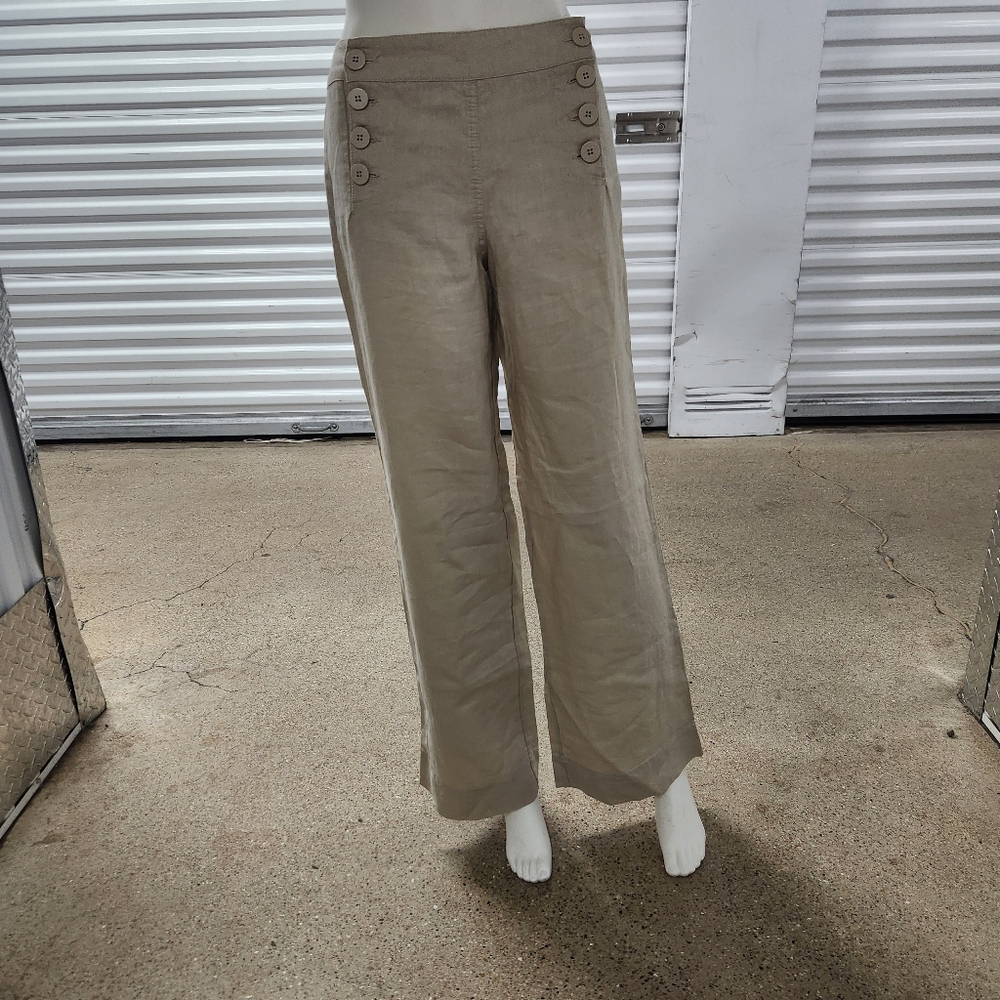 Max Studio 100% Linen Sailor Pants NWT Size 2 | Beige Mid Rise Pull-On Wide Leg